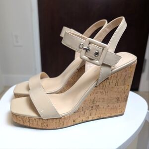 Marc Fisher Lukey Ivory Nude Open Toe Cork Wedge Sandal Heels Size 8